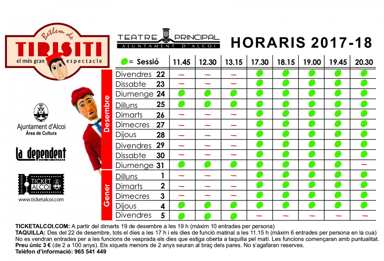 Horarios Betlem del Tirisiti 2017-2018